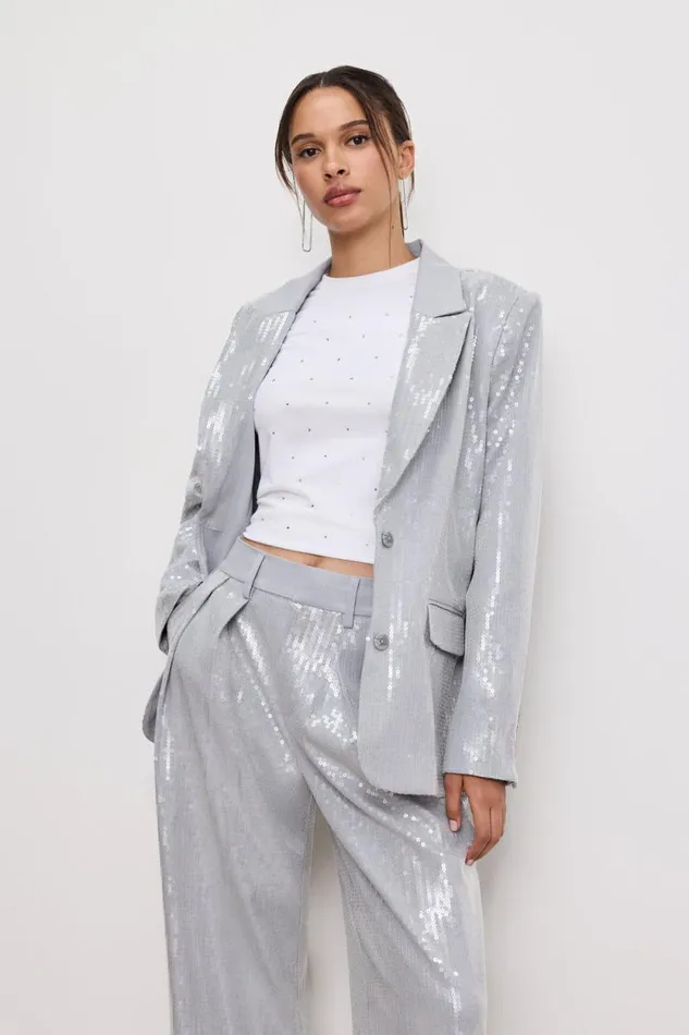 Women GOOD AMERICAN Outerwear SEQUIN OVERSIZEDBLAZER Heather Grey001