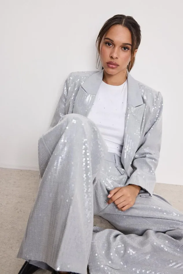 Women GOOD AMERICAN Outerwear SEQUIN OVERSIZEDBLAZER Heather Grey001