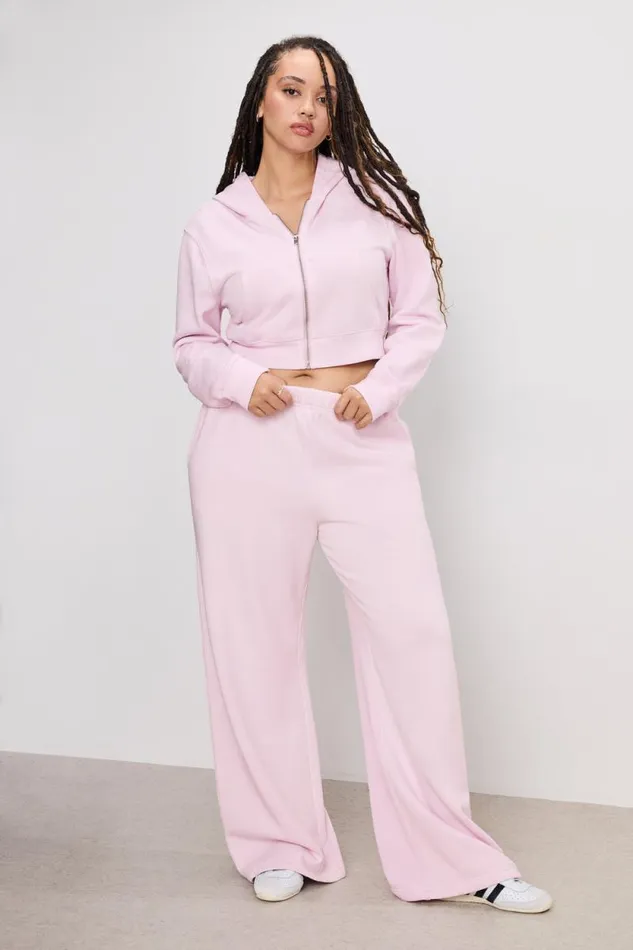 Women GOOD AMERICAN Pants BRUSHED FLEECE WIDE LEGSWEATPANTS Washed Cotton Candy Pink001