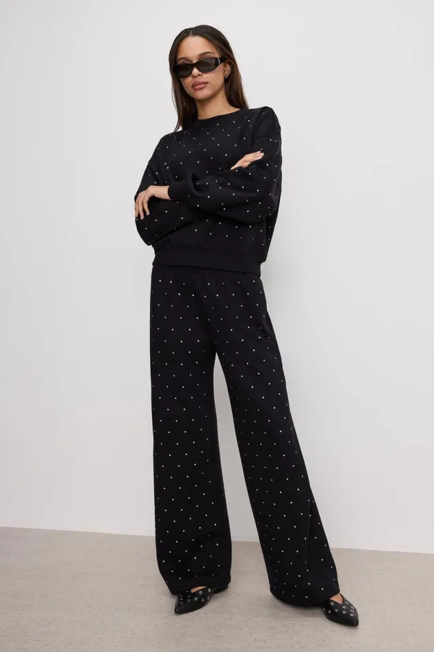 Women GOOD AMERICAN Pants CRYSTAL WIDE LEGSWEATPANTS Black001