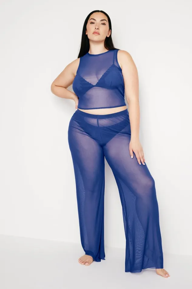 Women GOOD AMERICAN Swim MESH WIDEPANTS Capri Blue004