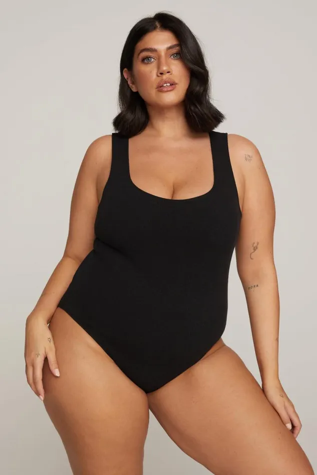 Women GOOD AMERICAN Tees and Tanks MICRO RIB COTTONBODYSUIT Black001