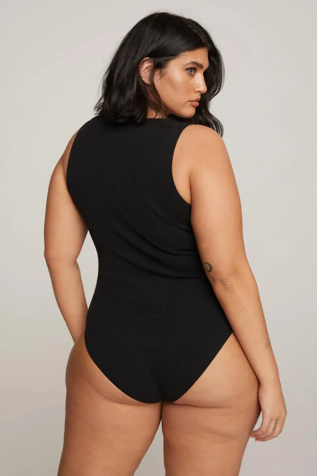 Women GOOD AMERICAN Tees and Tanks MICRO RIB COTTONBODYSUIT Black001