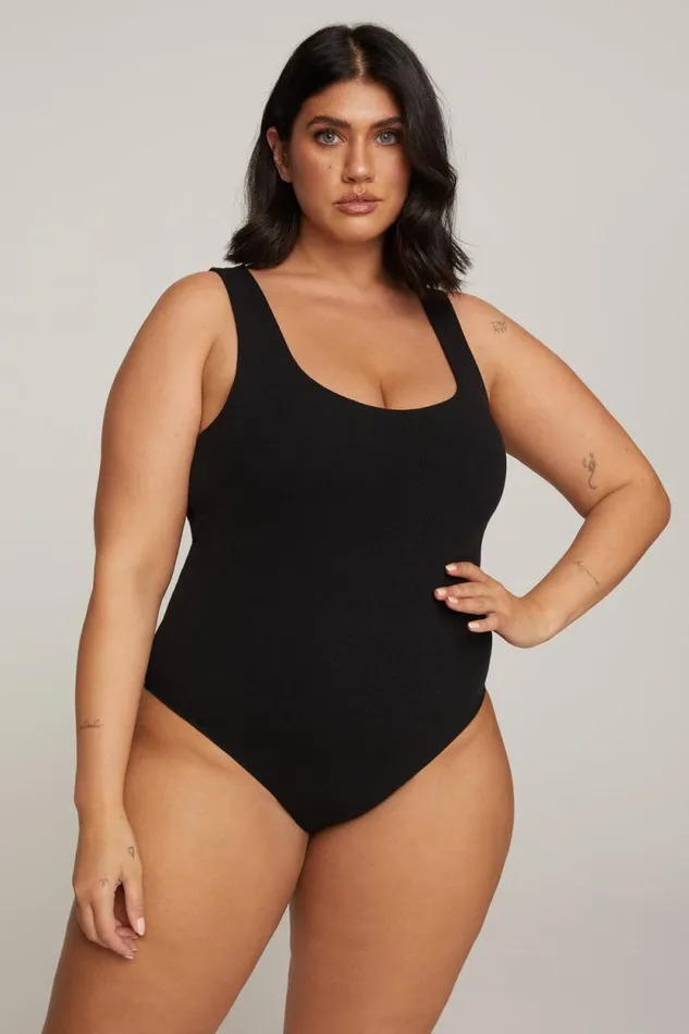 Women GOOD AMERICAN Tees and Tanks MICRO RIB COTTONBODYSUIT Black001