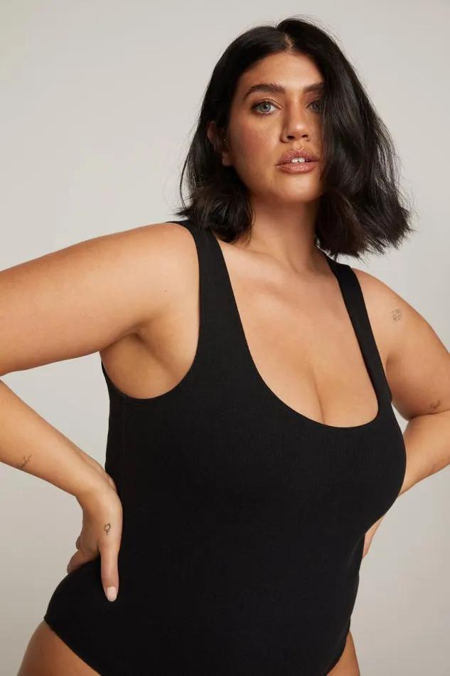 Women GOOD AMERICAN Tees and Tanks MICRO RIB COTTONBODYSUIT Black001