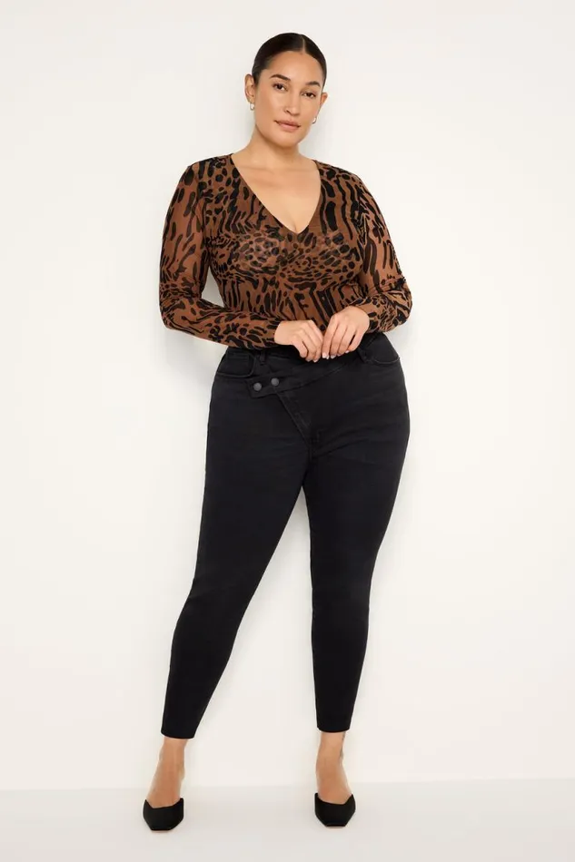 Women GOOD AMERICAN Tops MESHBODYSUIT Warped Leopard004