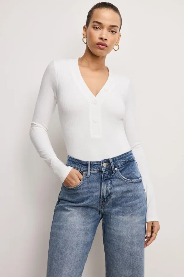 Women GOOD AMERICAN Tops RIBBED HENLEYBODYSUIT Ivory001