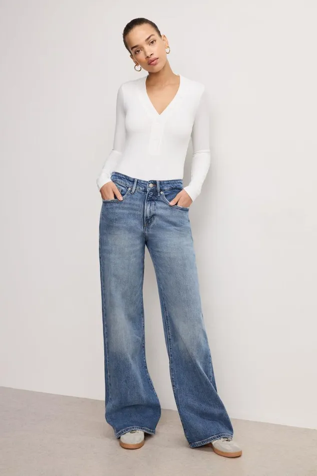 Women GOOD AMERICAN Tops RIBBED HENLEYBODYSUIT Ivory001