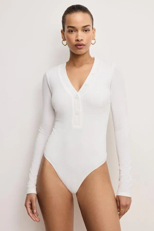 Women GOOD AMERICAN Tops RIBBED HENLEYBODYSUIT Ivory001