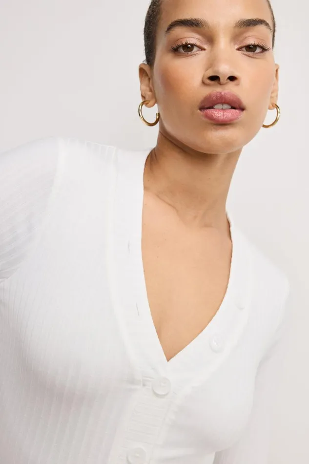 Women GOOD AMERICAN Tops RIBBED HENLEYBODYSUIT Ivory001