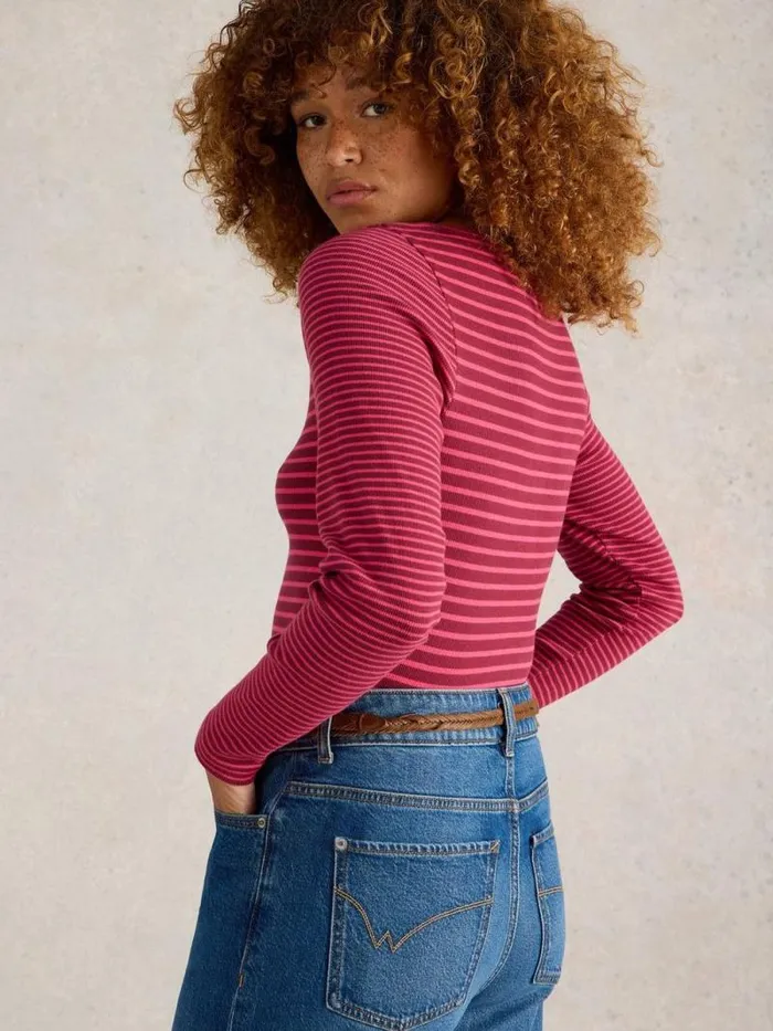 Women HALLEY RIB STRIPED HENLEY Pink Multi White Stuff Tops and Tees
