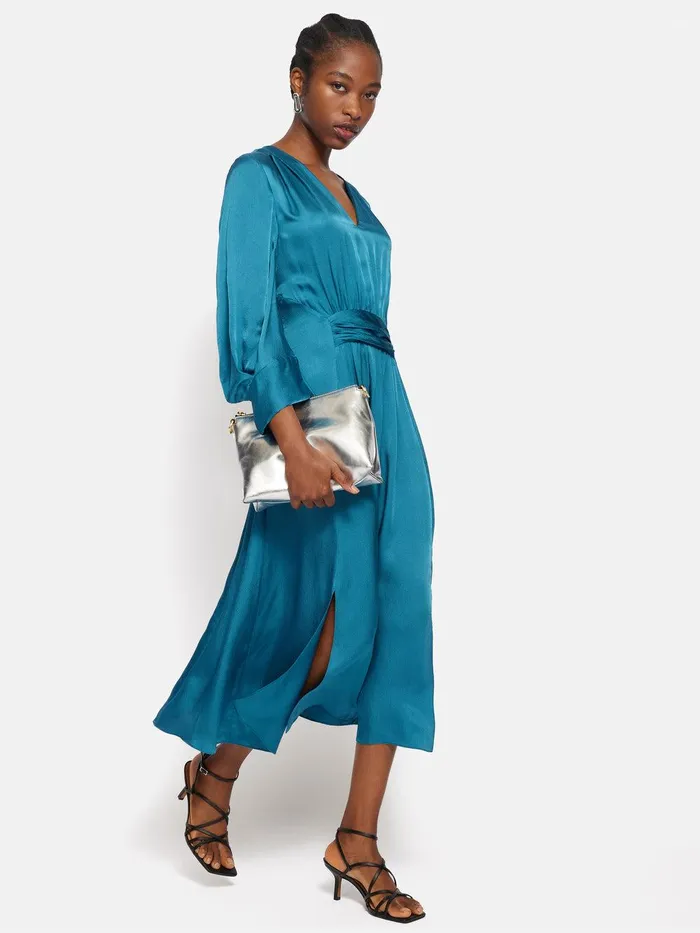 Women Hammered Satin Midi Dress Blue Jigsaw Dresses and Jumpsuits