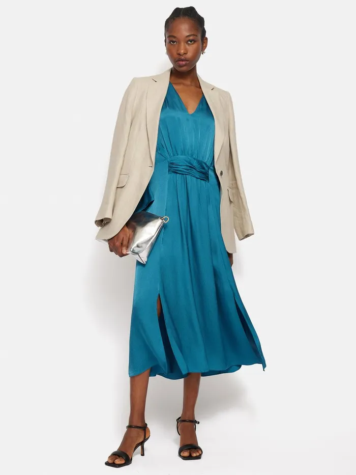 Women Hammered Satin Midi Dress Blue Jigsaw Dresses and Jumpsuits