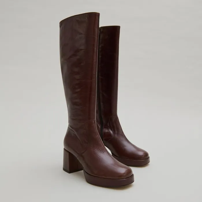 Women Heeled Platform Boots Brown JONAK Boots Thighhigh Boots