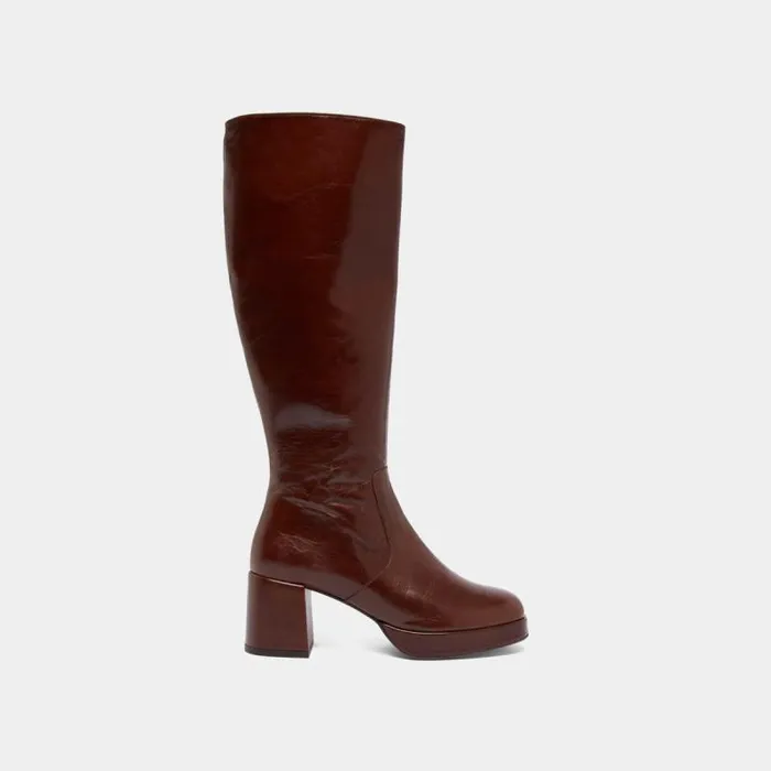 Women Heeled Platform Boots Brown JONAK Boots Thighhigh Boots