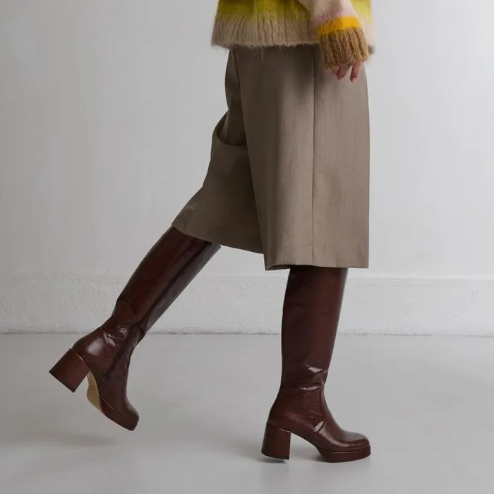 Women Heeled Platform Boots Brown JONAK Boots Thighhigh Boots