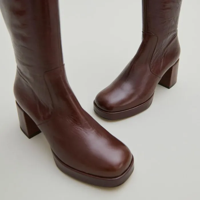 Women Heeled Platform Boots Brown JONAK Boots Thighhigh Boots