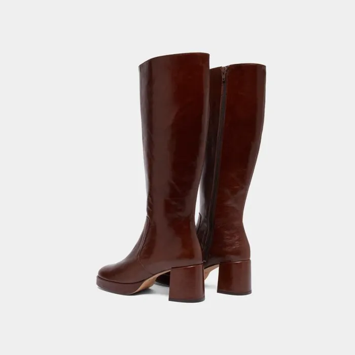 Women Heeled Platform Boots Brown JONAK Boots Thighhigh Boots