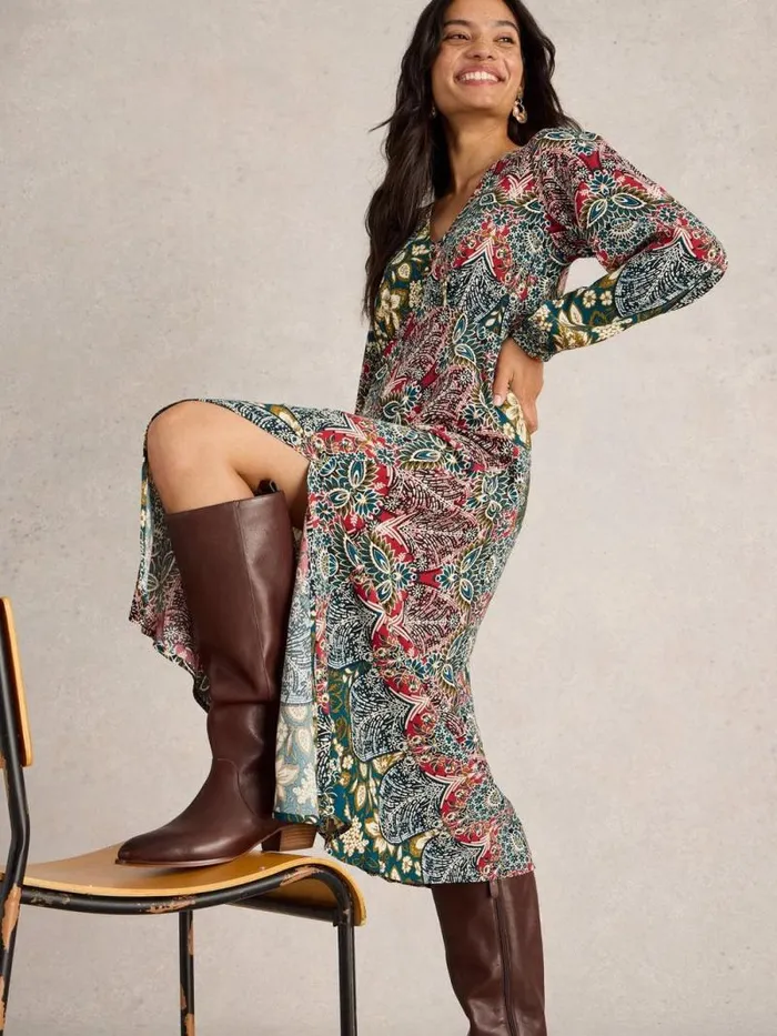 Women Hope Bias Cut Dress Teal Print White Stuff Dresses