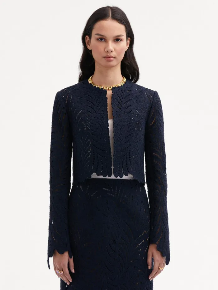 Women Jackets and Coats Oscar De La Renta Fern Cutout Tweed Jacket Navy