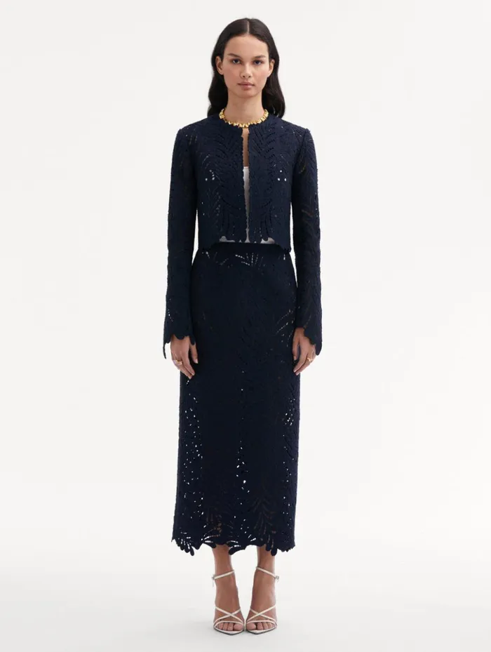 Women Jackets and Coats Oscar De La Renta Fern Cutout Tweed Jacket Navy