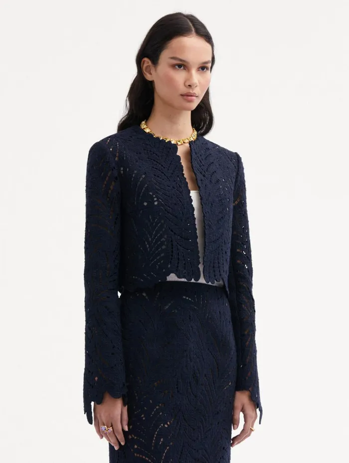 Women Jackets and Coats Oscar De La Renta Fern Cutout Tweed Jacket Navy