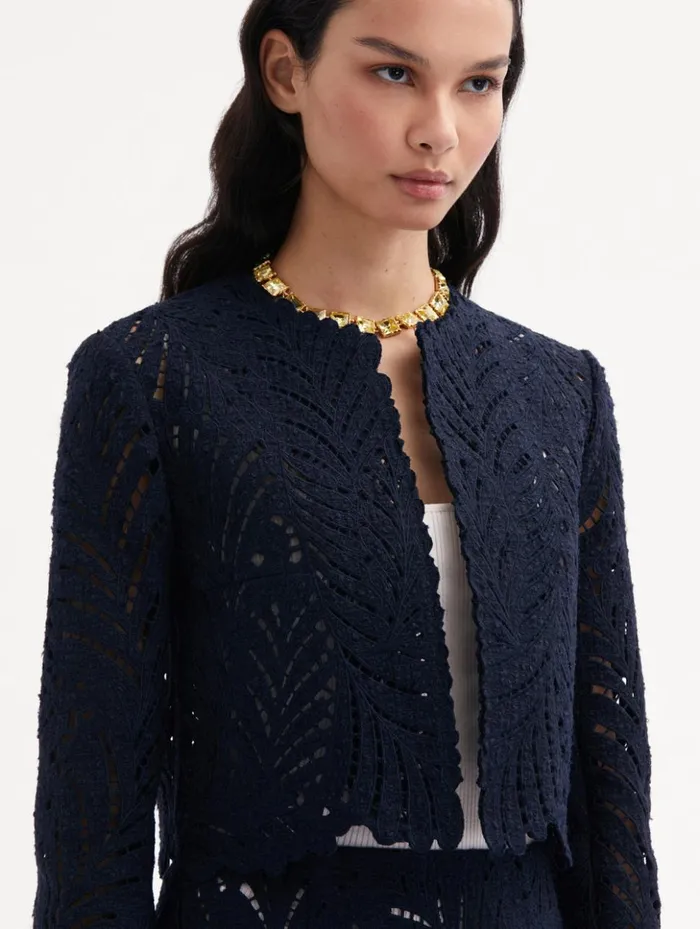 Women Jackets and Coats Oscar De La Renta Fern Cutout Tweed Jacket Navy