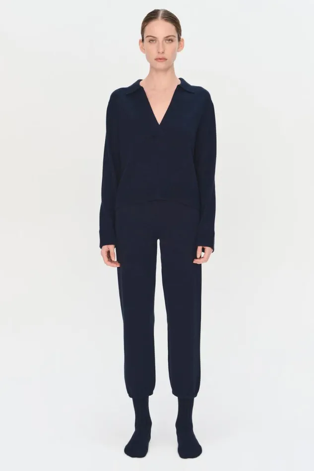 Women Knitwear Jonathan Simkhai Long Sleeve Polo Blue Long Sleeve VNeck Polo