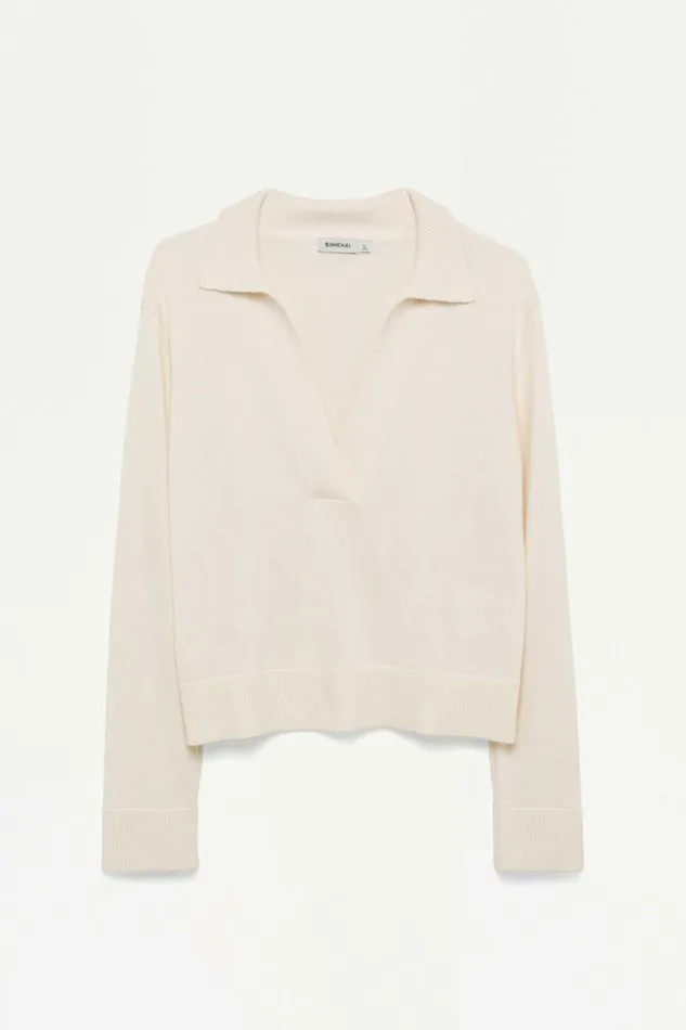 Women Knitwear Jonathan Simkhai Long Sleeve Polo Ivory Long Sleeve VNeck Polo