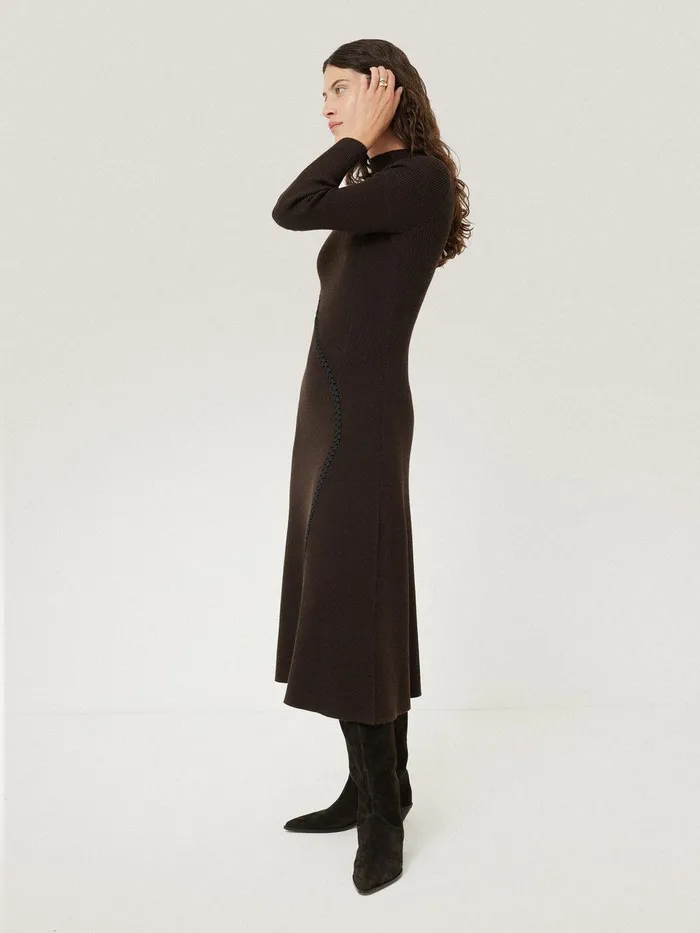 Women Lattice Trim Knitted Dress Brown Jigsaw Dresses and Jumpsuits