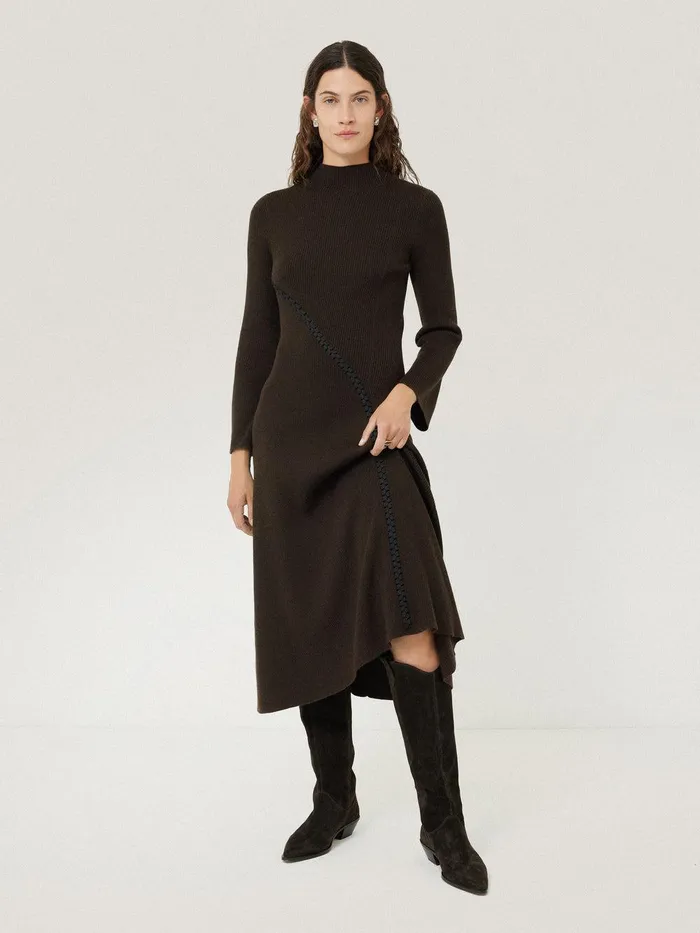 Women Lattice Trim Knitted Dress Brown Jigsaw Dresses and Jumpsuits
