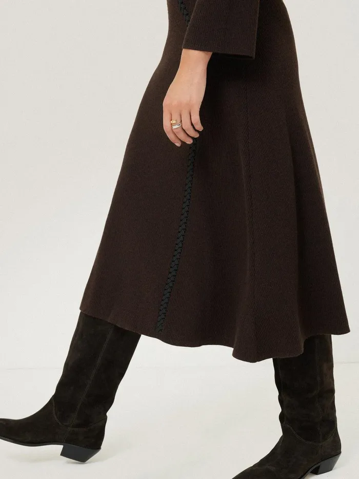 Women Lattice Trim Knitted Dress Brown Jigsaw Dresses and Jumpsuits