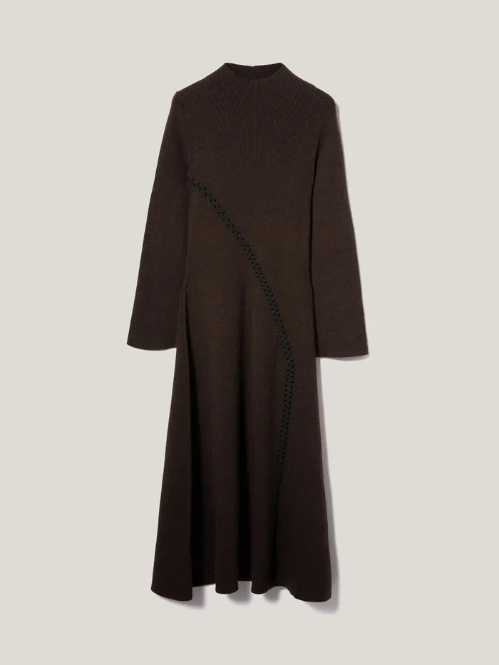 Women Lattice Trim Knitted Dress Brown Jigsaw Dresses and Jumpsuits