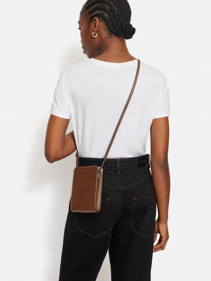Women Leather Crossbody Phone Bag Tan Jigsaw Leather