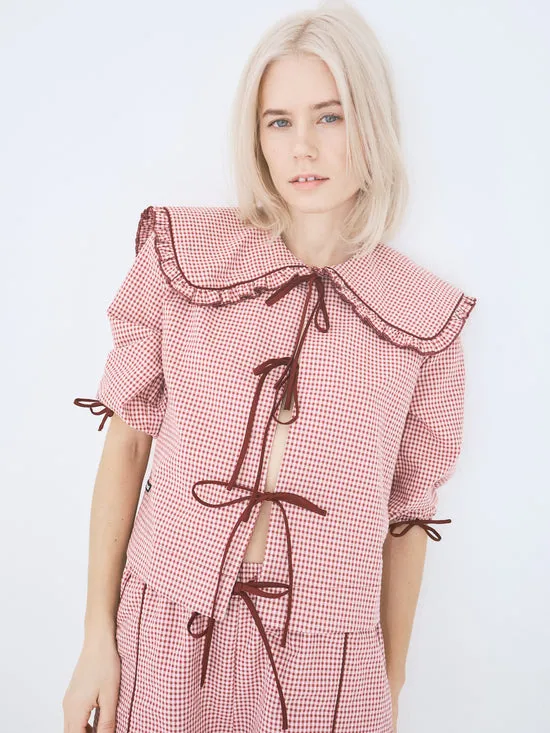 Women Lisa Says Gah Airi Blouse Checks Burgundy Tops