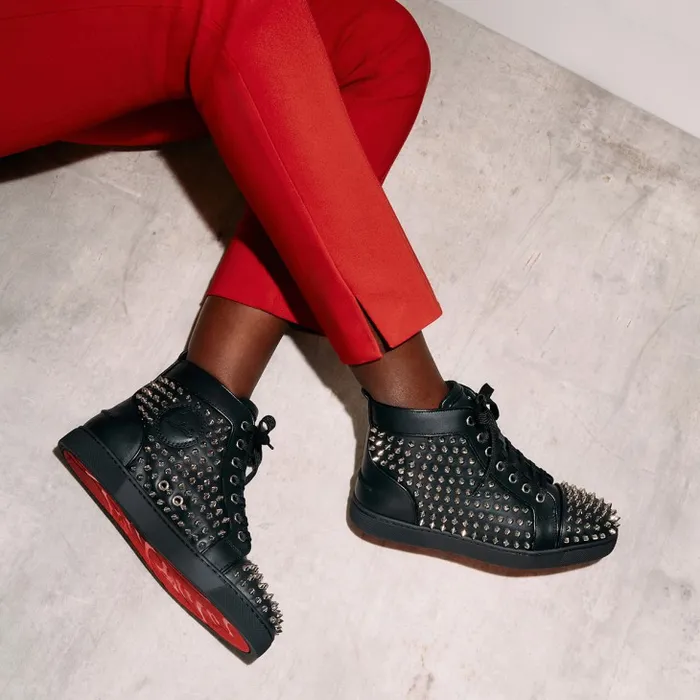 Women Louis Night Spikes HighTop Sneakers 8211 Calf Leather Nappa Leather And Spikes 8211 Black Christian Louboutin Sneakers