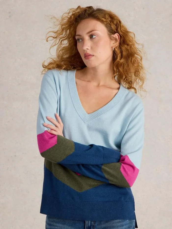 Women MAGGIE V NECK JUMPER Blue Multi White Stuff Knitwear Women MAGGIE V NECK JUMPER Blue Multi White Stuff Knitwear