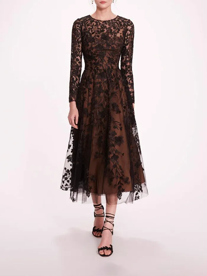 Women Marchesa Marchesa Notte Long Sleeve Tulle Midi Dress Black