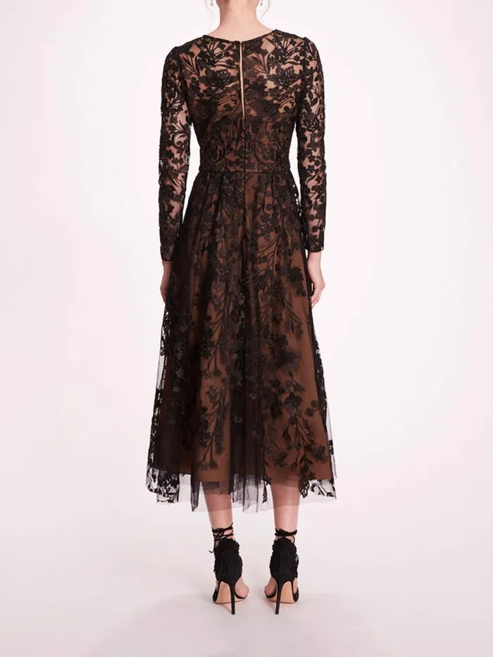 Women Marchesa Marchesa Notte Long Sleeve Tulle Midi Dress Black