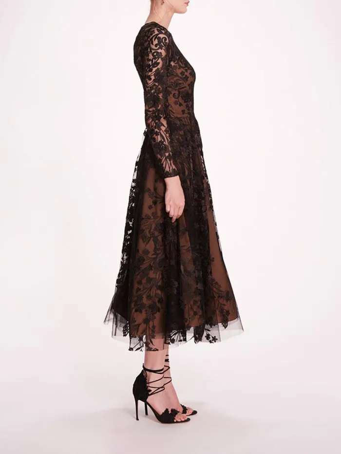 Women Marchesa Marchesa Notte Long Sleeve Tulle Midi Dress Black