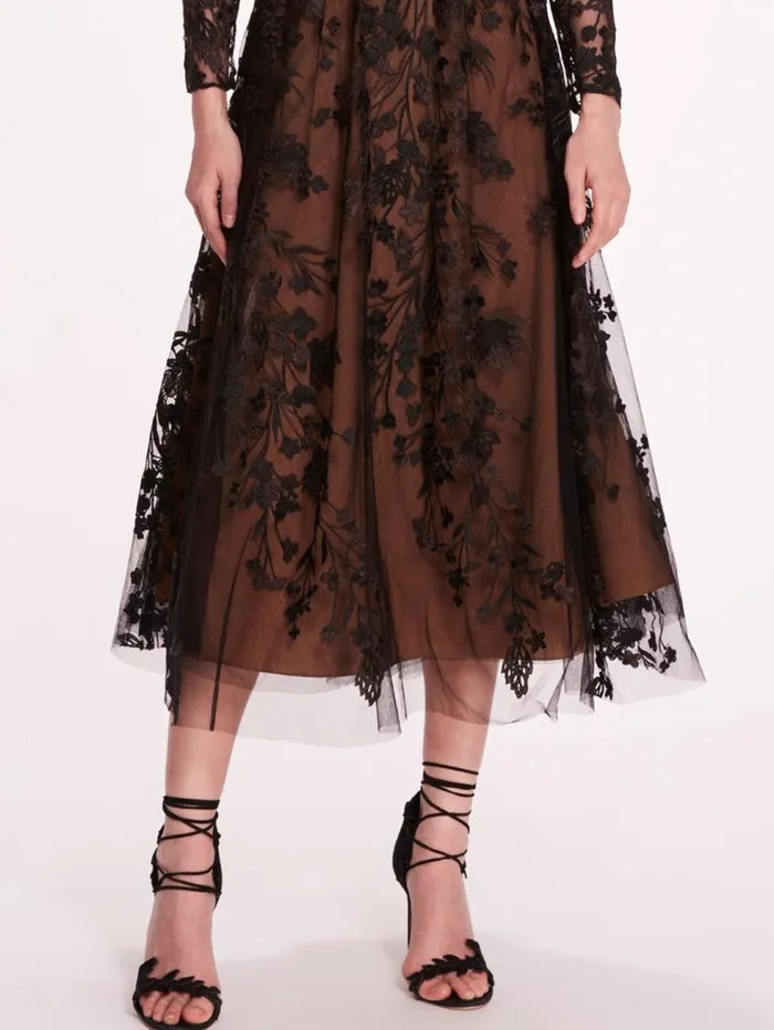 Women Marchesa Marchesa Notte Long Sleeve Tulle Midi Dress Black