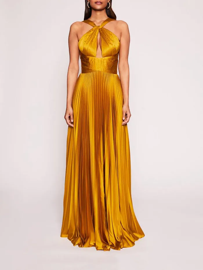 Women Marchesa Marchesa Notte Pleated Foil Gown Gold