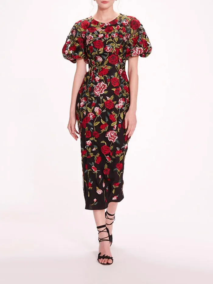 Women Marchesa Marchesa Notte Roses Tulle Midi Dress Black Red