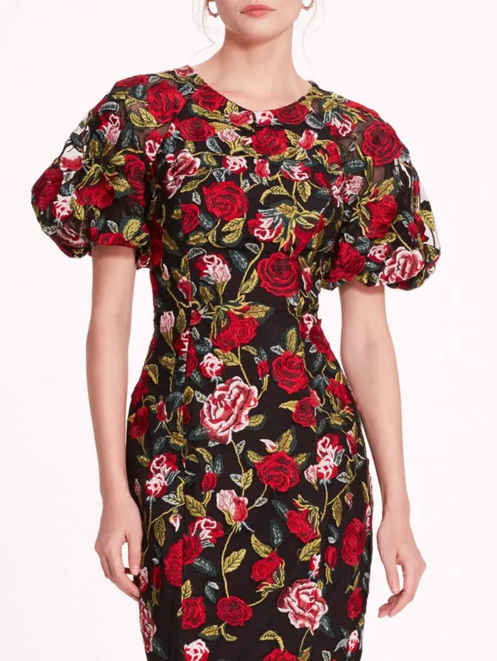 Women Marchesa Marchesa Notte Roses Tulle Midi Dress Black Red