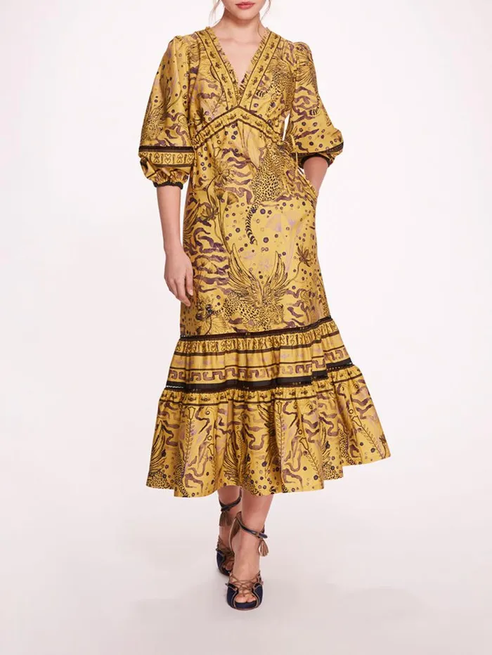 Women Marchesa Marchesa Rosa Flying Cheetah Tiered Midi Dress Yellow Multi