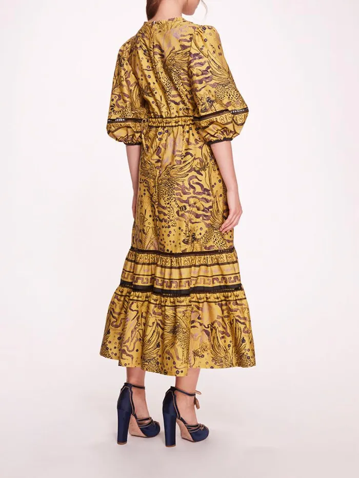 Women Marchesa Marchesa Rosa Flying Cheetah Tiered Midi Dress Yellow Multi