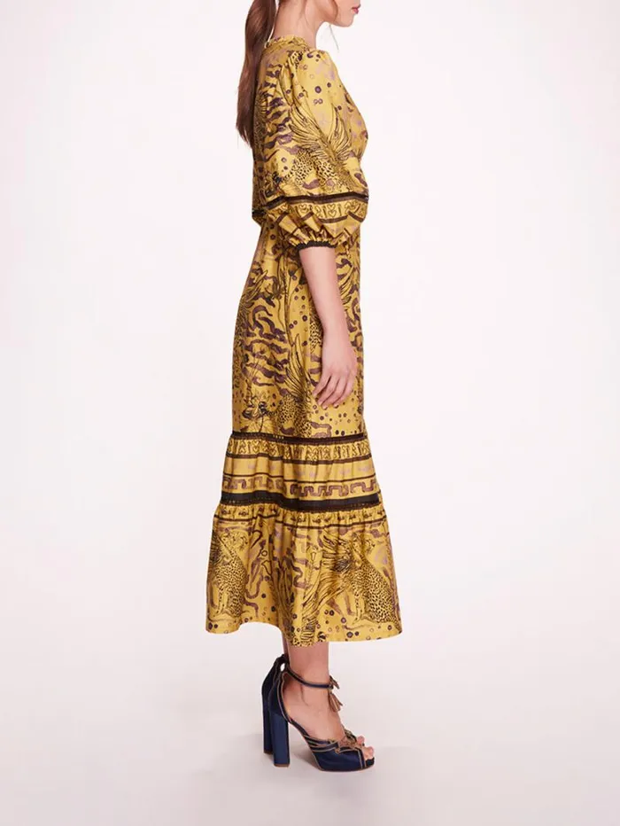 Women Marchesa Marchesa Rosa Flying Cheetah Tiered Midi Dress Yellow Multi