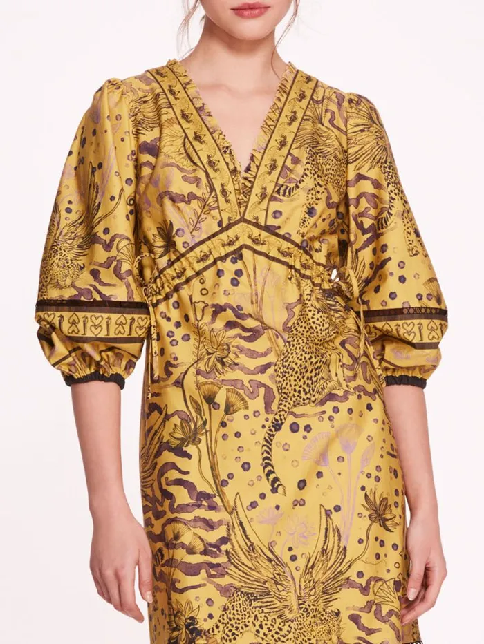 Women Marchesa Marchesa Rosa Flying Cheetah Tiered Midi Dress Yellow Multi