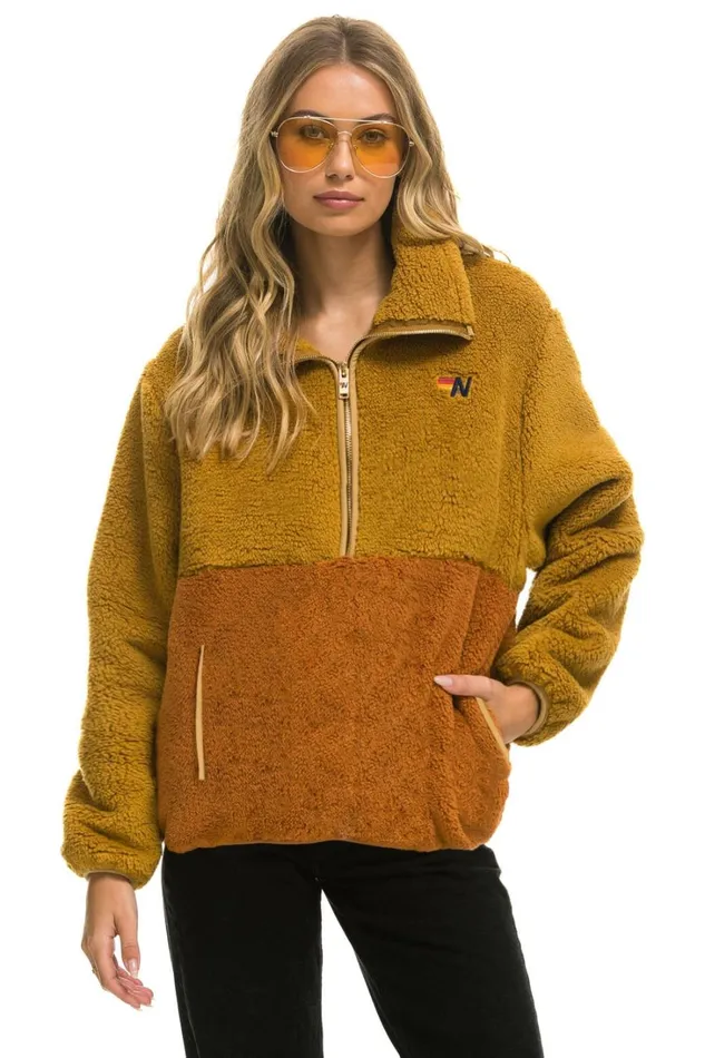 WomenMen Outerwear Aviator Nation TEDDY UNISEX HALF ZIP COLOR BLOCK JACKET 8211 HONEY