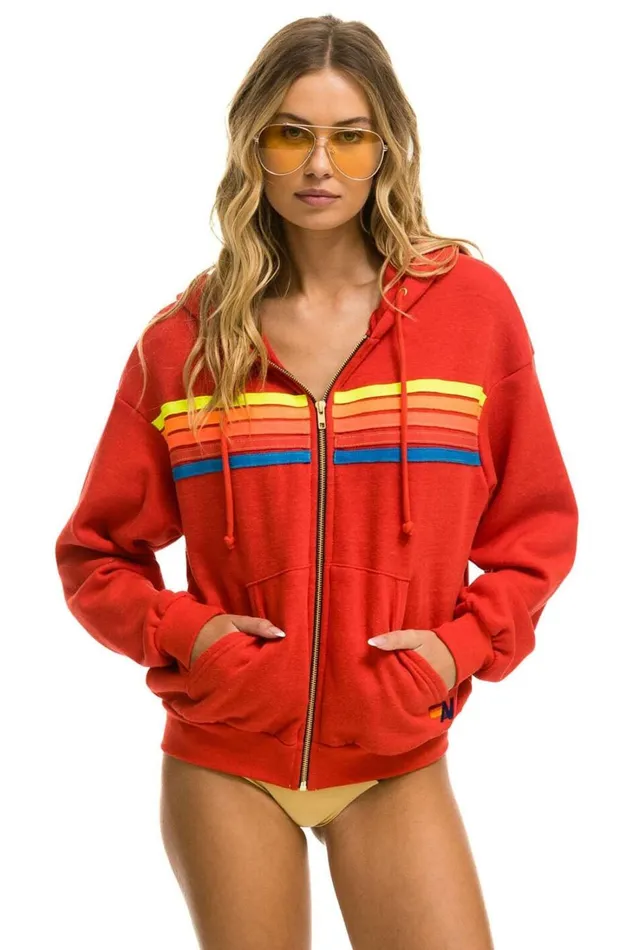 WomenMen Tops Aviator Nation 5 STRIPE RELAXED ZIP HOODIE 8211 RED NEON RAINBOW
